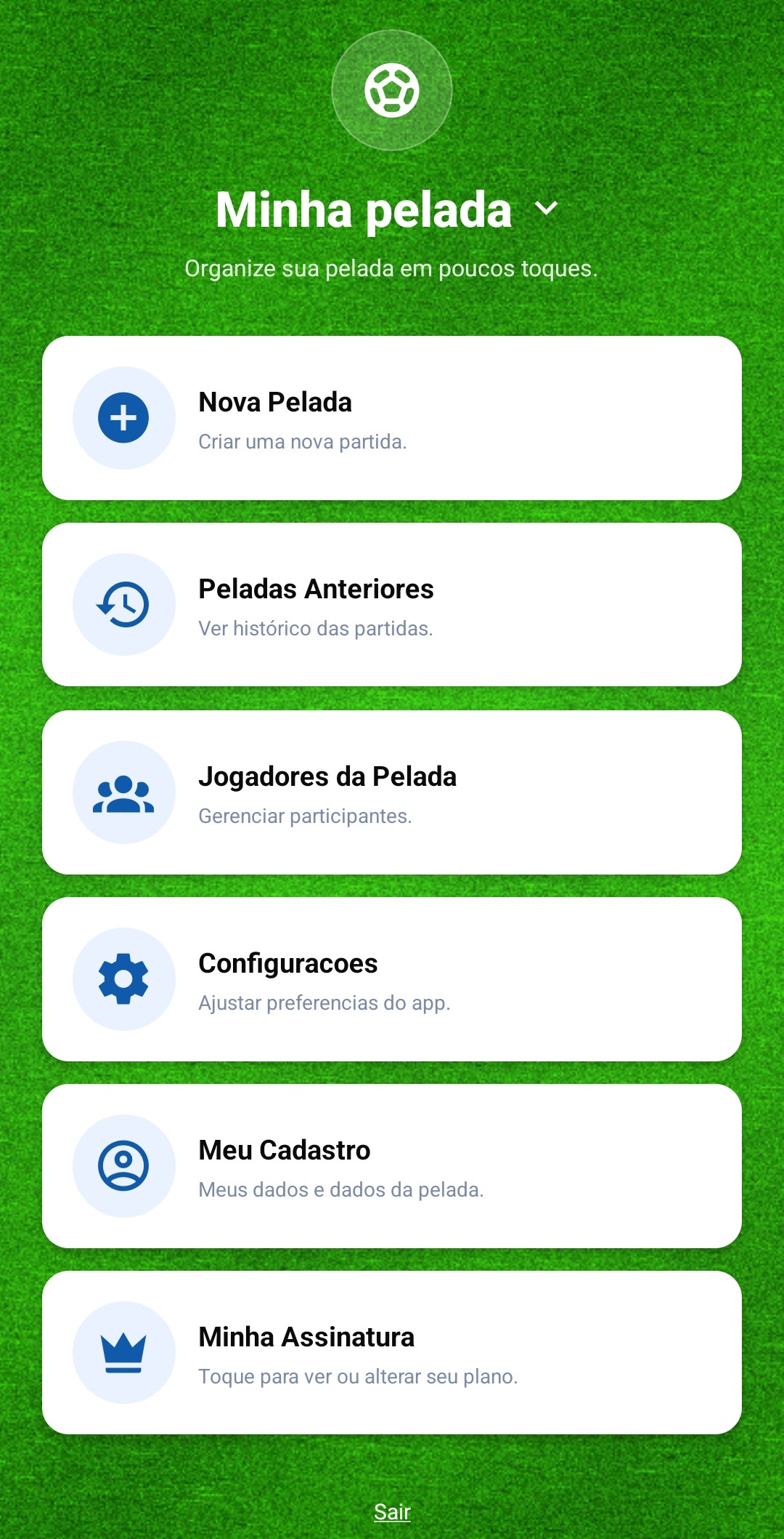 Preview do aplicativo Pelada Pro